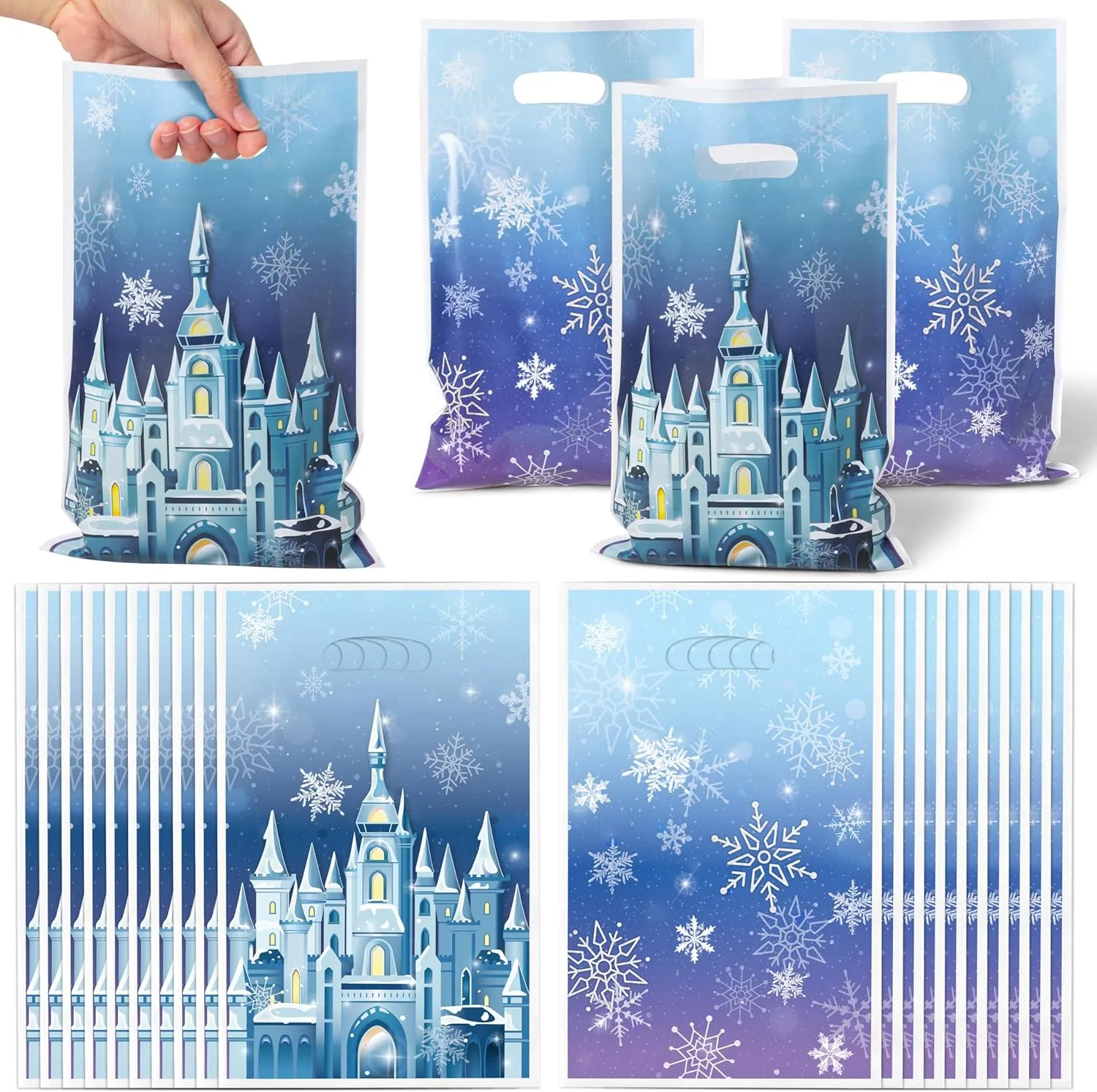 FVhujuan Winter Party Favor Bags - 50Pcs Blue Snowflakes Gift Bags, Princess Goody Treat Bags, Castle Themed Party Decoration for Girls Birthday Baby Shower