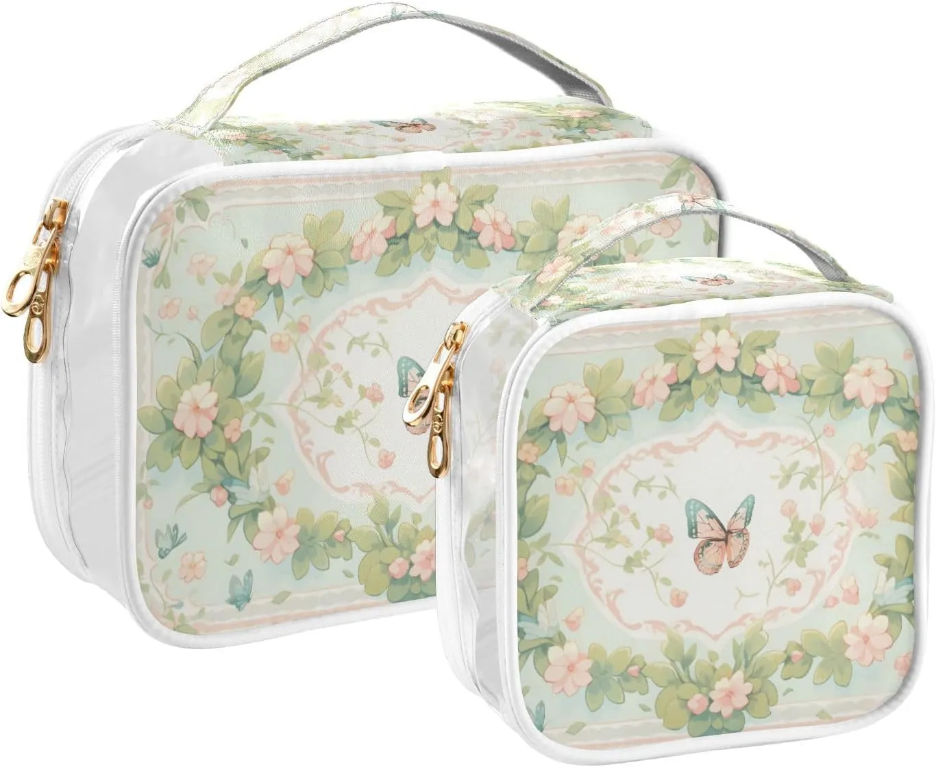 GAIGEO Retro Plant Butterfly Palace Wind Clear Makeup Bag Set, Travel Tsa Approved Toiletry Bag, Travel Cosmetic Bags for Women, 2 Pack