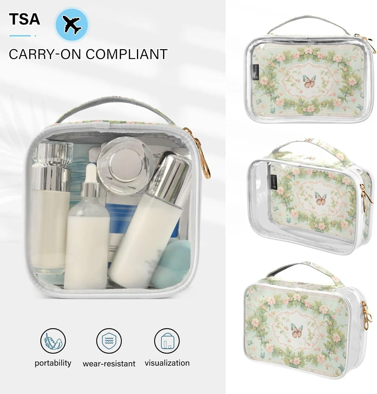 GAIGEO Retro Plant Butterfly Palace Wind Clear Makeup Bag Set, Travel Tsa Approved Toiletry Bag, Travel Cosmetic Bags for Women, 2 Pack