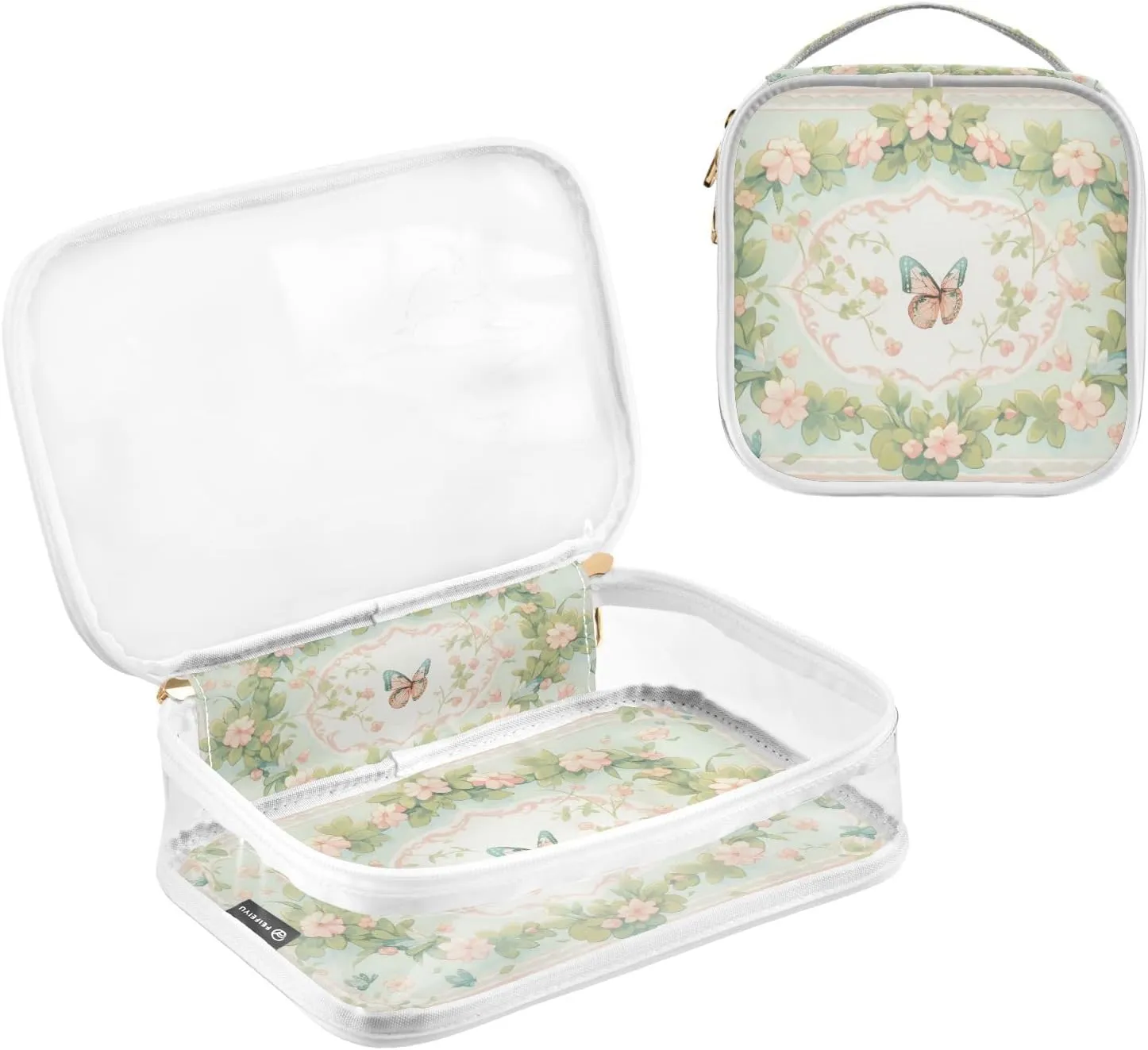 GAIGEO Retro Plant Butterfly Palace Wind Clear Makeup Bag Set, Travel Tsa Approved Toiletry Bag, Travel Cosmetic Bags for Women, 2 Pack