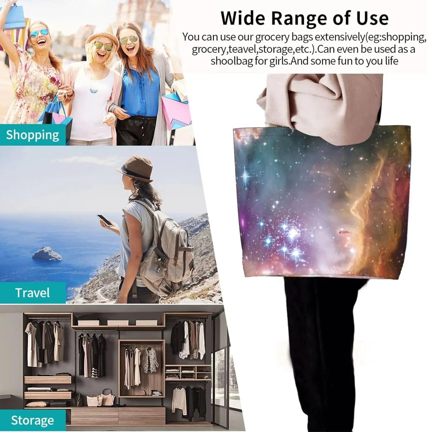Galaxy Canvas Tote Bag Universe Shoulder Bag Handbag Star Casual Funny Grocery Bags Womens Bag for Outdoor