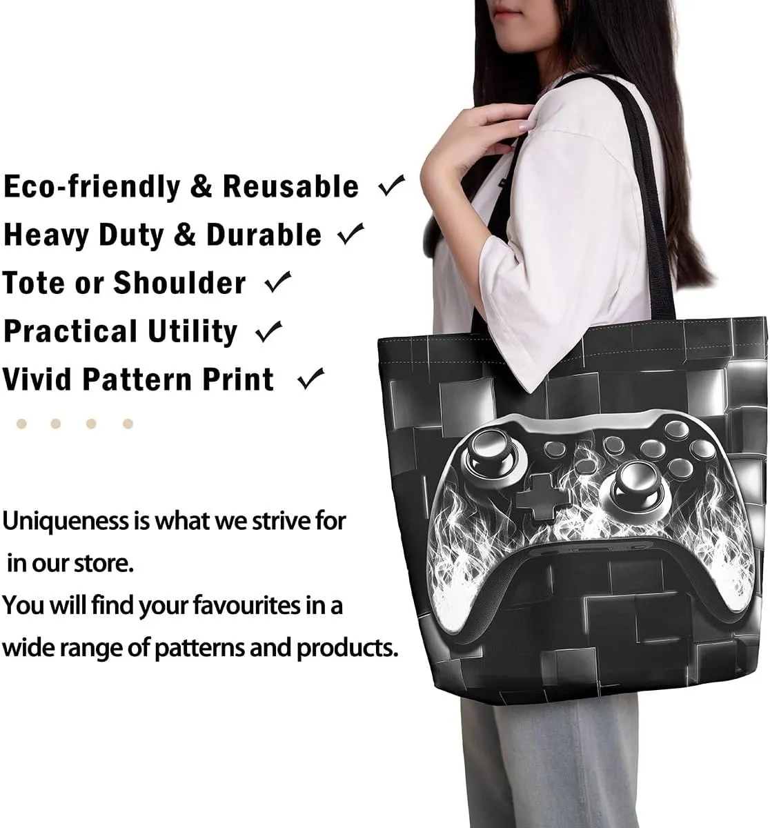 Gamer Canvas Tote Bag Neon Cubes Foldable Beach Bag,Geometry Block Gaming Casual Reusable Handbag