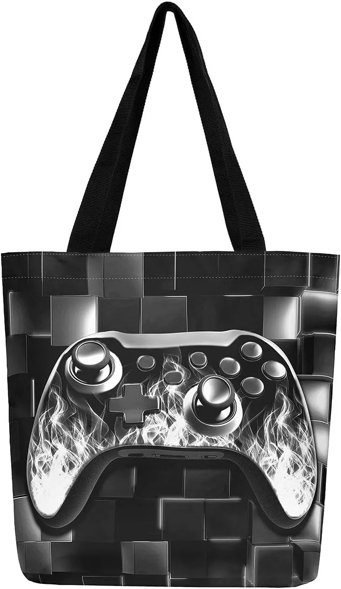 Gamer Canvas Tote Bag Neon Cubes Foldable Beach Bag,Geometry Block Gaming Casual Reusable Handbag