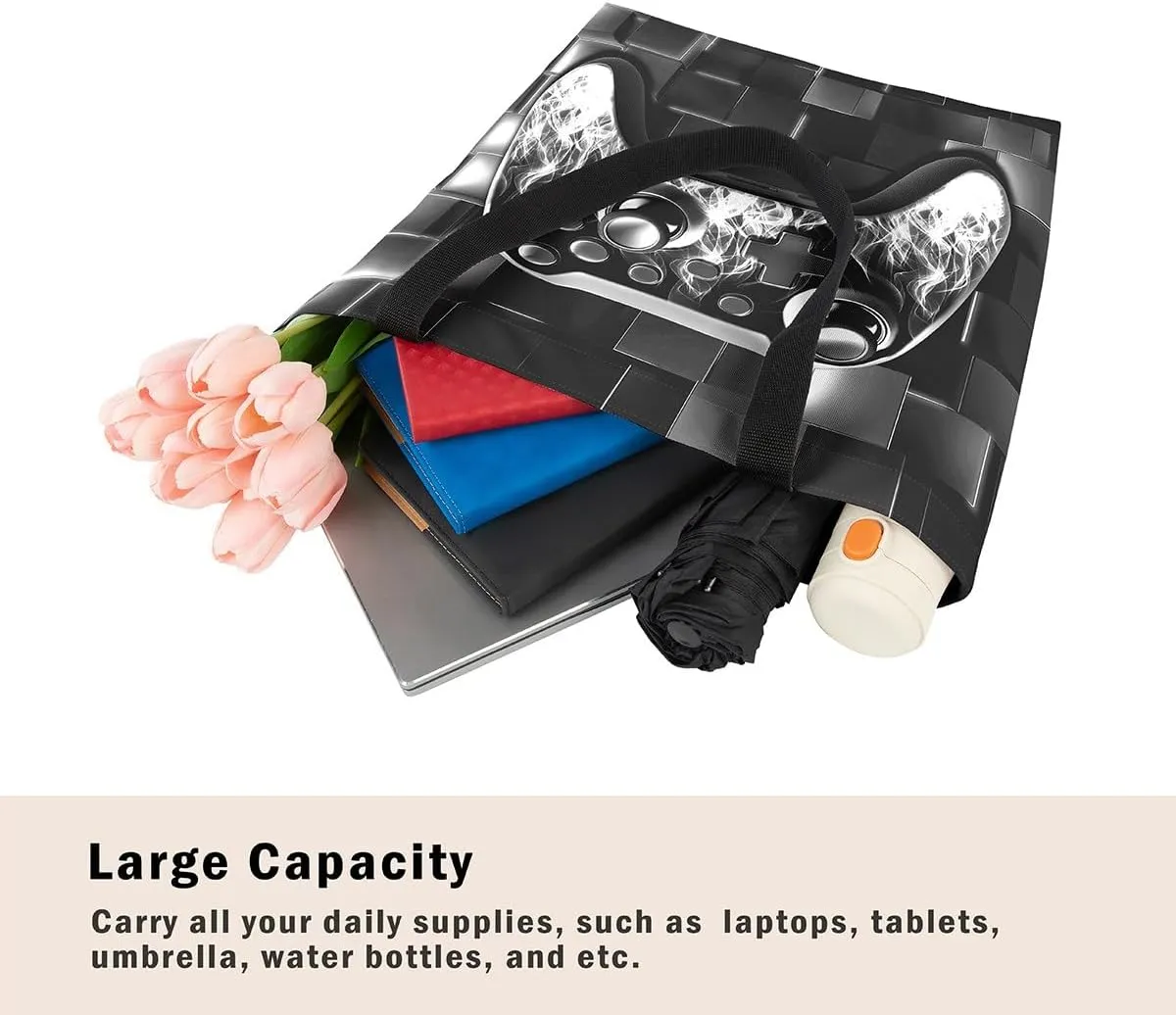 Gamer Canvas Tote Bag Neon Cubes Foldable Beach Bag,Geometry Block Gaming Casual Reusable Handbag