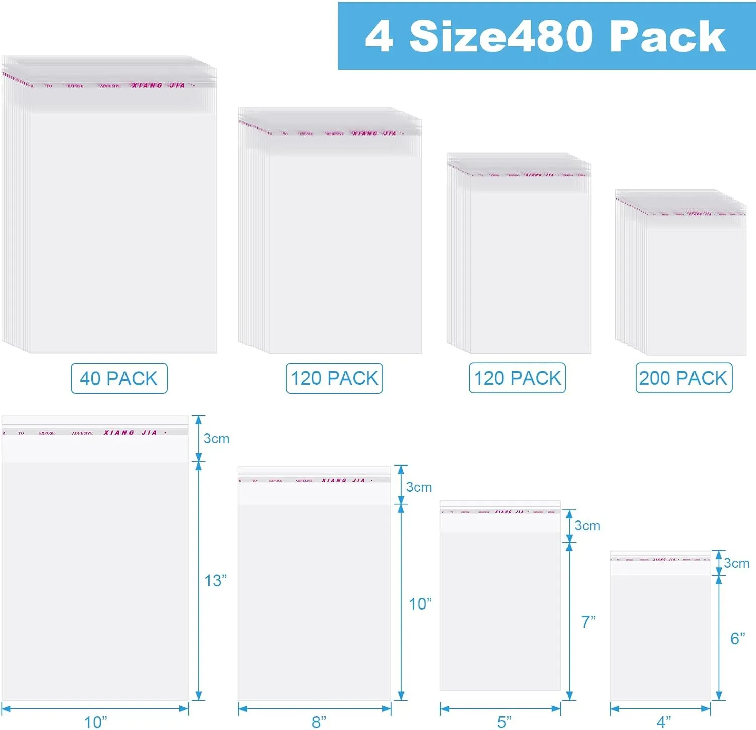 Geyoga 4 Size 480 Pieces Clear Plastic Cello Bag Resealable Sealable Cellophane Bag for Candy Cookies Packaging Decorative Gift Giving Wrapper, 4 x 6 Inch, 5 x 7 Inch, 8 x 12 Inch, 10 x 13 Inch