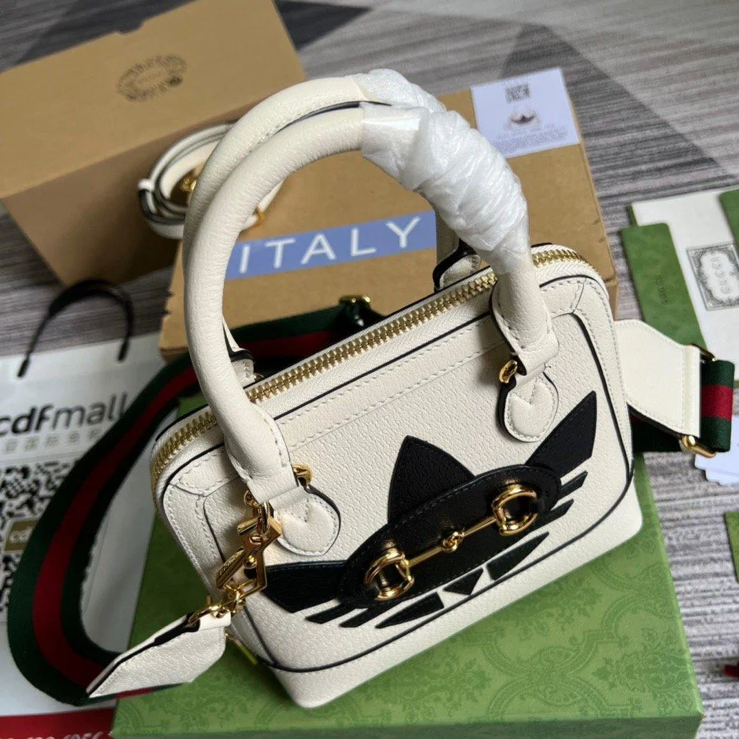 gg x Adidas Horsebit 1955 Mini Bag White For Women, Women&#8217;s Bags 7.9in/20cm gg‎ ‎677212 U3ZDG 8727