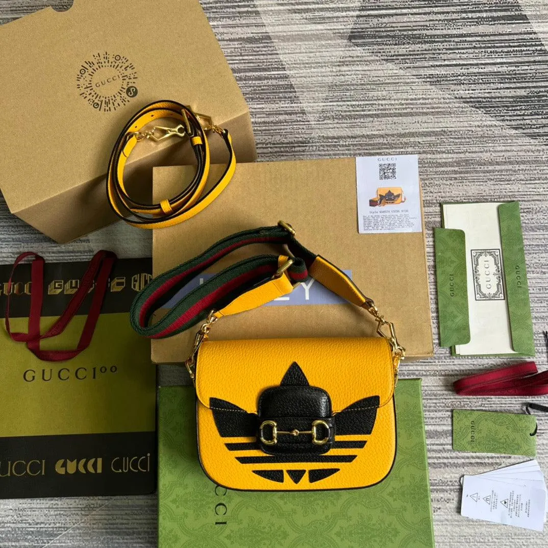 gg x Adidas Horsebit 1955 Mini Bag Yellow For Women, Women&#8217;s Bags 8.1in/21cm gg 658574 U3ZDG 7775