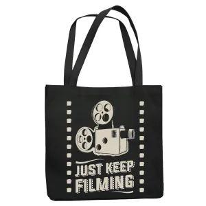 Gift for Filmmakers Just Keep Filming Movie Cinema Fans Navy Black Multicolor Canvas Tote Bag