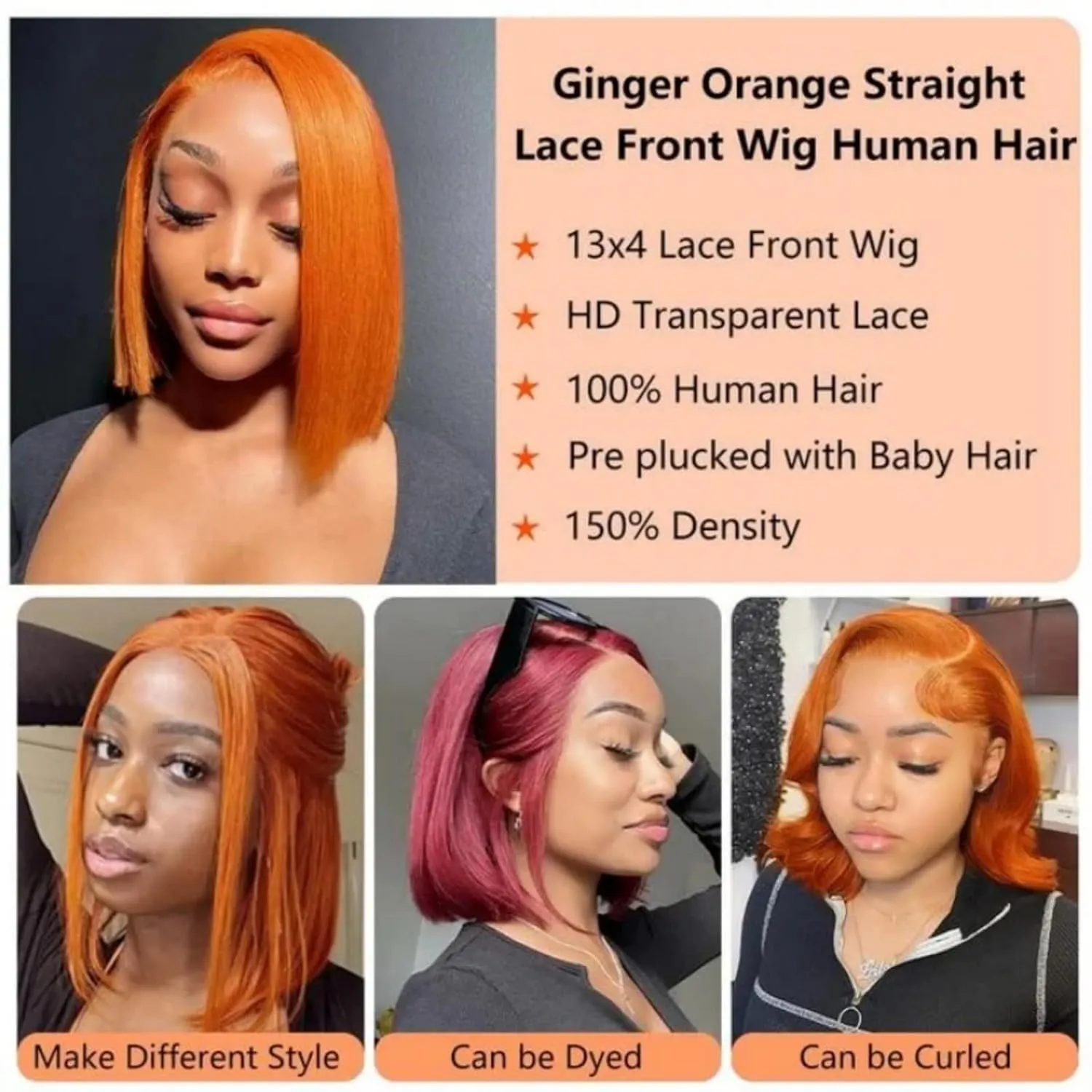 Ginger Orange Lace Front Wigs Human Hair Bob 13x4 Hd Lace Frontal Bob Wigs 12 inch Glueless Short Straight Bob Wig Human Hair Pre Plucked for Women