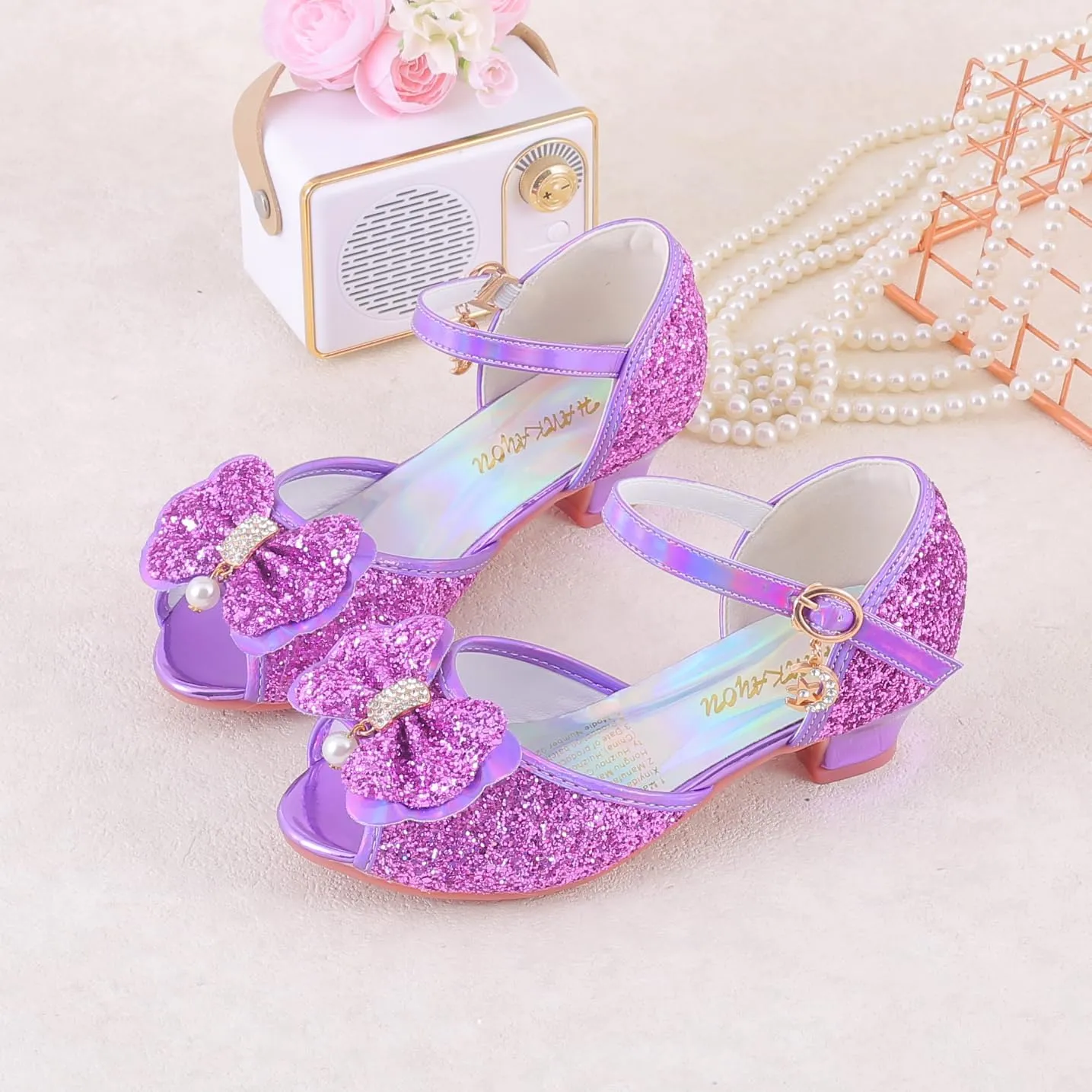 Girls Mary Jane Glitter Wedding Party Dress Shoes Princess Flower Strap Shoes
