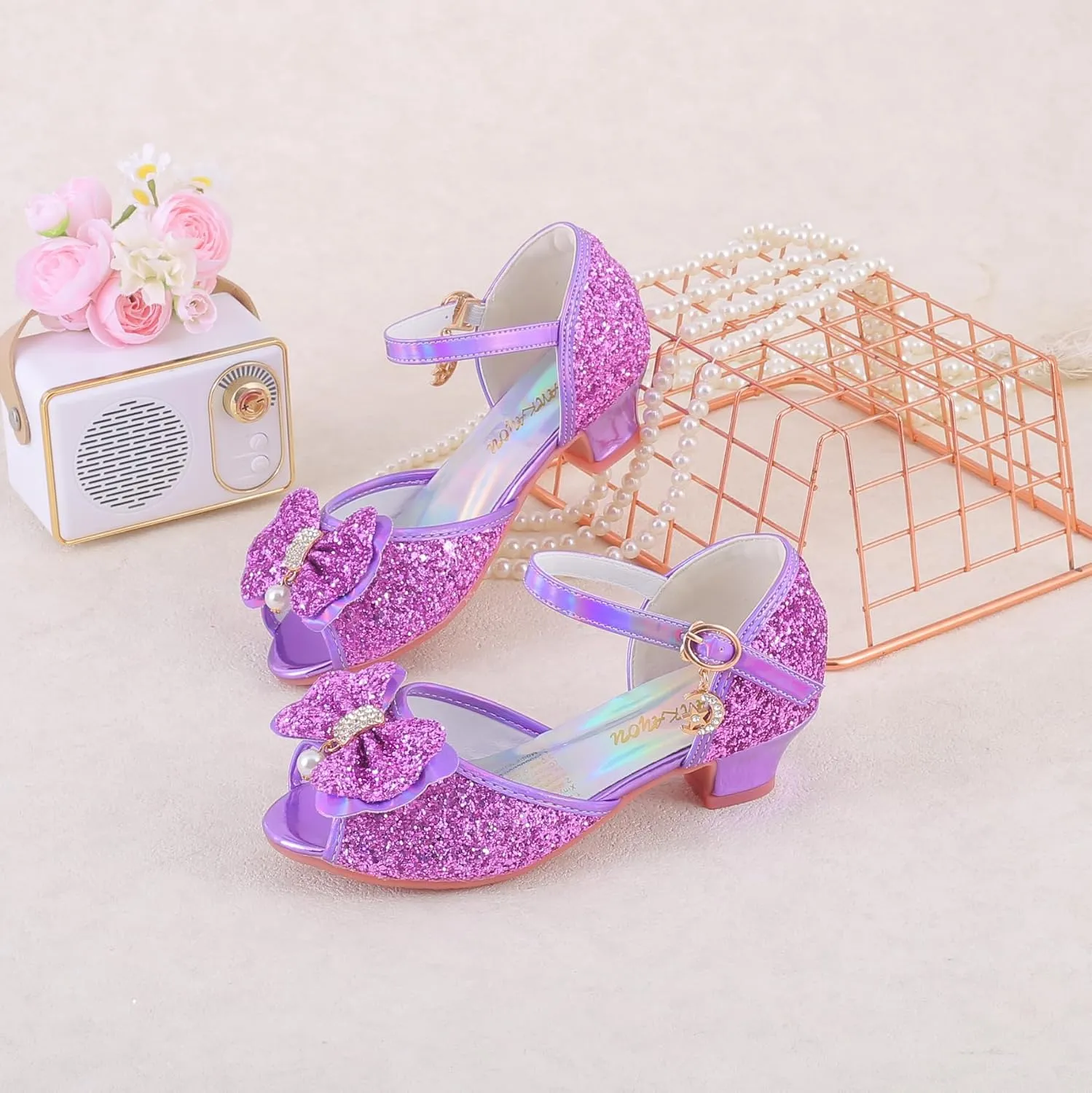 Girls Mary Jane Glitter Wedding Party Dress Shoes Princess Flower Strap Shoes