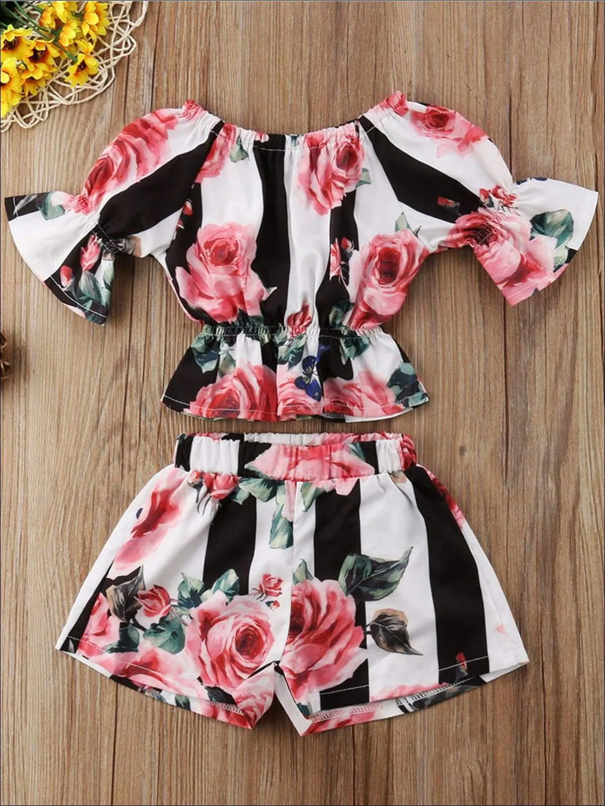 Girls Striped Floral Print Off Shoulder Shorts Set