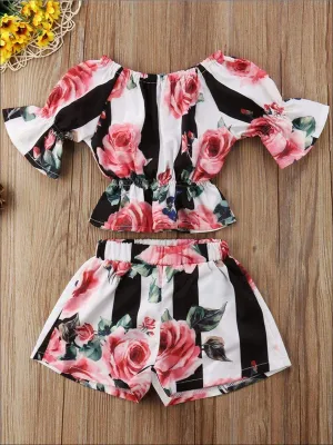 Girls Striped Floral Print Off Shoulder Shorts Set