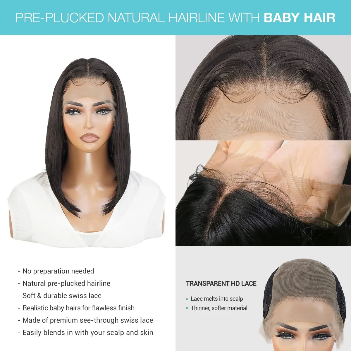 GLAM21USA HD Lace Front Bob Straight Wig 13X6 Glueless Invisible Transparent Lace Frontal Human Hair Blend Preplucked Swiss-lace Shoulder Length Synthetic Wig - Brianna (NeutralLace, 2-DARKBROWN)