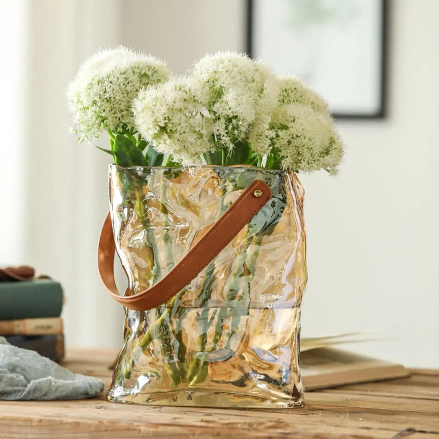 Glass Purse Vase for Flowers,Handbag Vase with Leather Handle,Creative Handbag Shaped Flower Vase,Decorative Fish Bowl Handbag Vase for Home Garden Wedding Table Decoration (L)