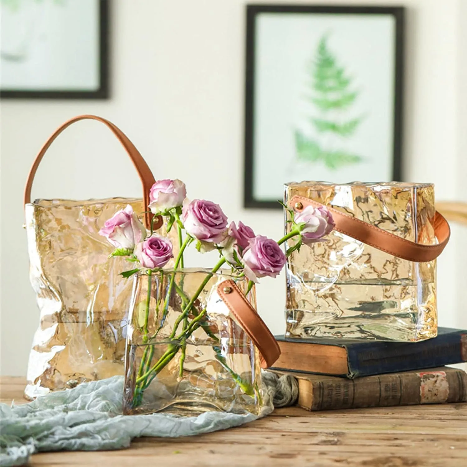 Glass Purse Vase for Flowers,Handbag Vase with Leather Handle,Creative Handbag Shaped Flower Vase,Decorative Fish Bowl Handbag Vase for Home Garden Wedding Table Decoration (L)