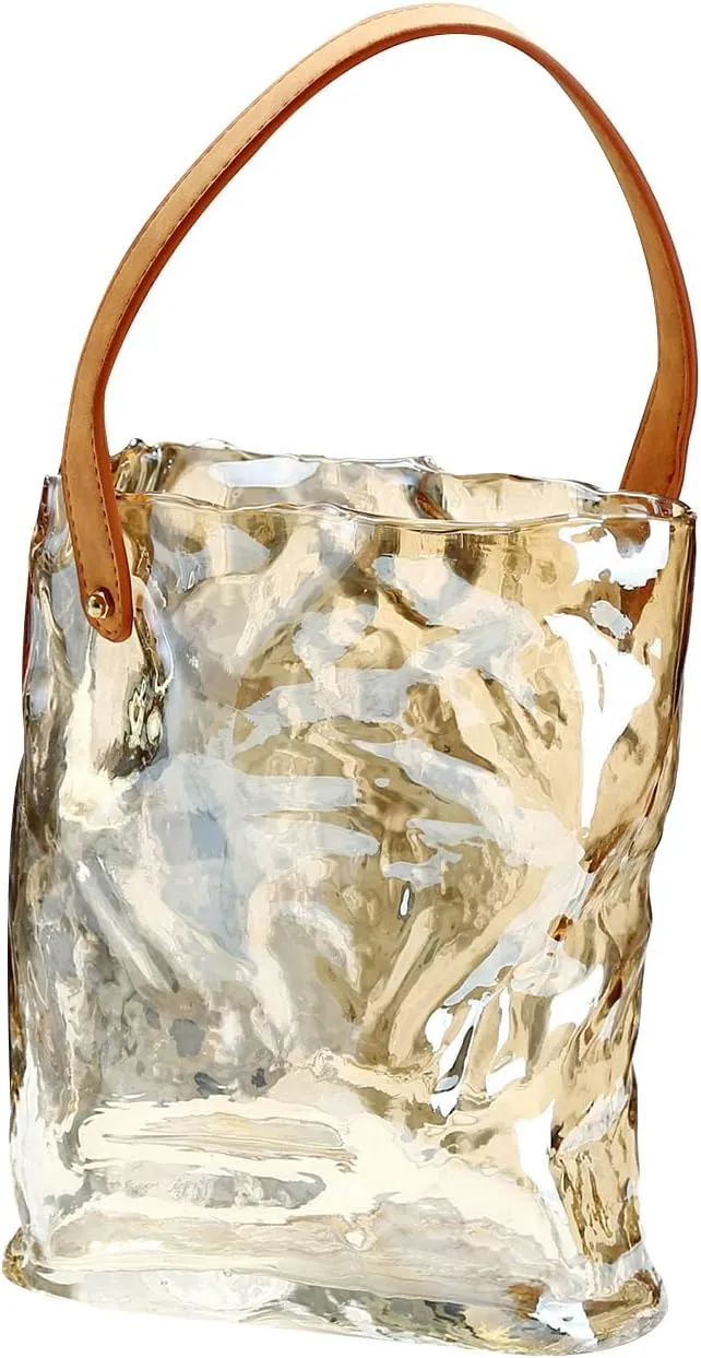 Glass Purse Vase for Flowers,Handbag Vase with Leather Handle,Creative Handbag Shaped Flower Vase,Decorative Fish Bowl Handbag Vase for Home Garden Wedding Table Decoration (L)
