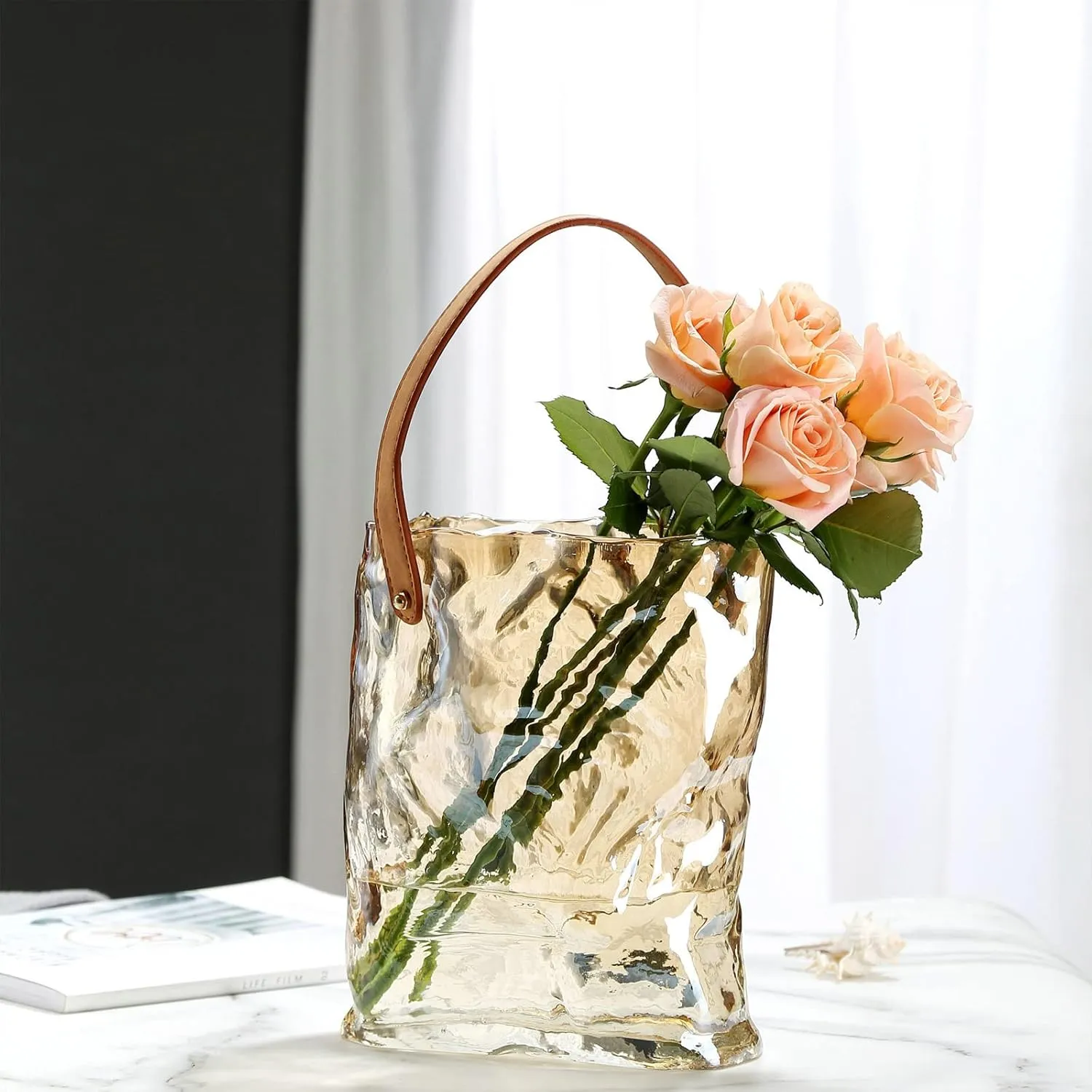 Glass Purse Vase for Flowers,Handbag Vase with Leather Handle,Creative Handbag Shaped Flower Vase,Decorative Fish Bowl Handbag Vase for Home Garden Wedding Table Decoration (L)