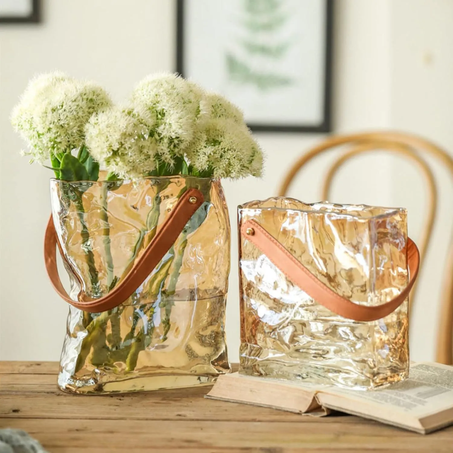 Glass Purse Vase for Flowers,Handbag Vase with Leather Handle,Creative Handbag Shaped Flower Vase,Decorative Fish Bowl Handbag Vase for Home Garden Wedding Table Decoration (L)