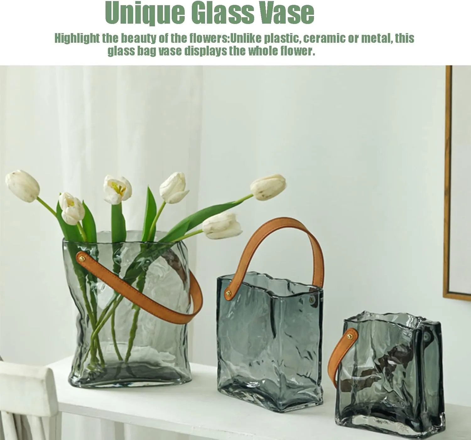 Glass Purse Vase for Flowers,Handbag Vase with Leather Handle,Creative Handbag Shaped Flower Vase,Decorative Fish Bowl Handbag Vase for Home Garden Wedding Table Decoration (L)