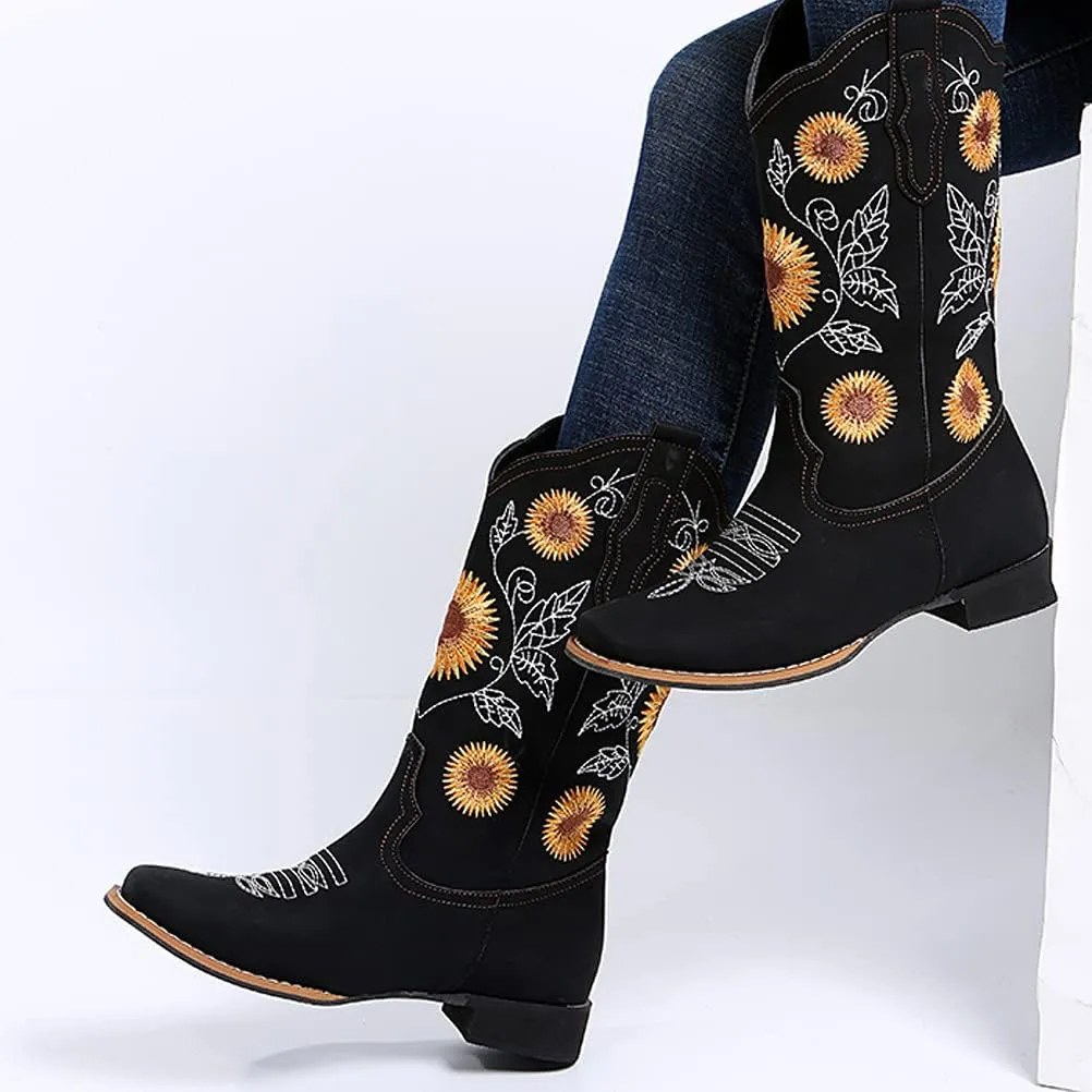 gloryinterest Cowboy Boots for Women Mid Calf Cowgirl Western Boots Sunflower Embroidery Stitched Square Toe Low Heel Black Brown Yellow US6-10.5