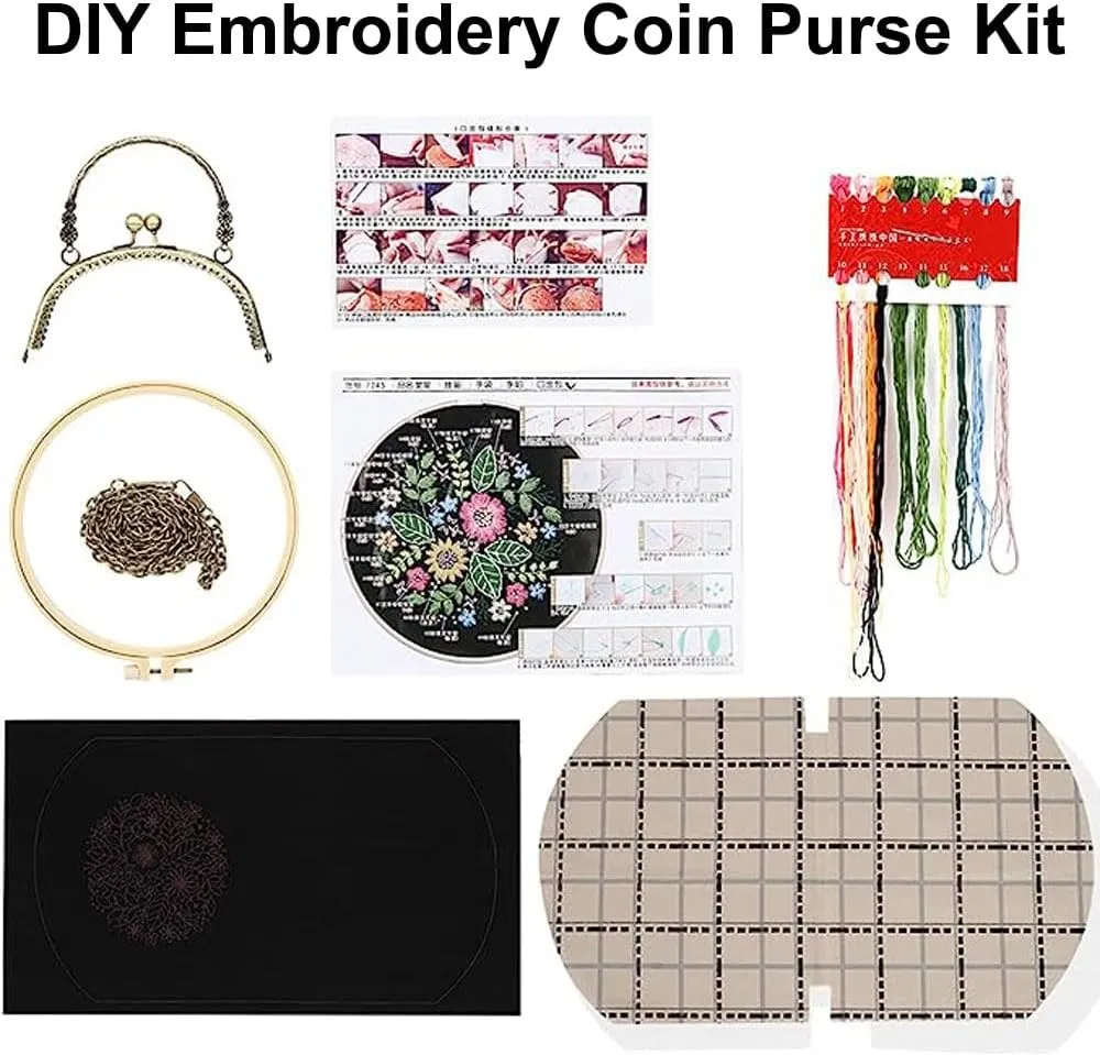 Gogobear Embroidery Beginner Kits for Adults, DIY Wallet/Purse/Handbag with Pattern & Instructions, Included Embroidery Cloth Bag/Chain/Craft Stamped/Hoops Threads