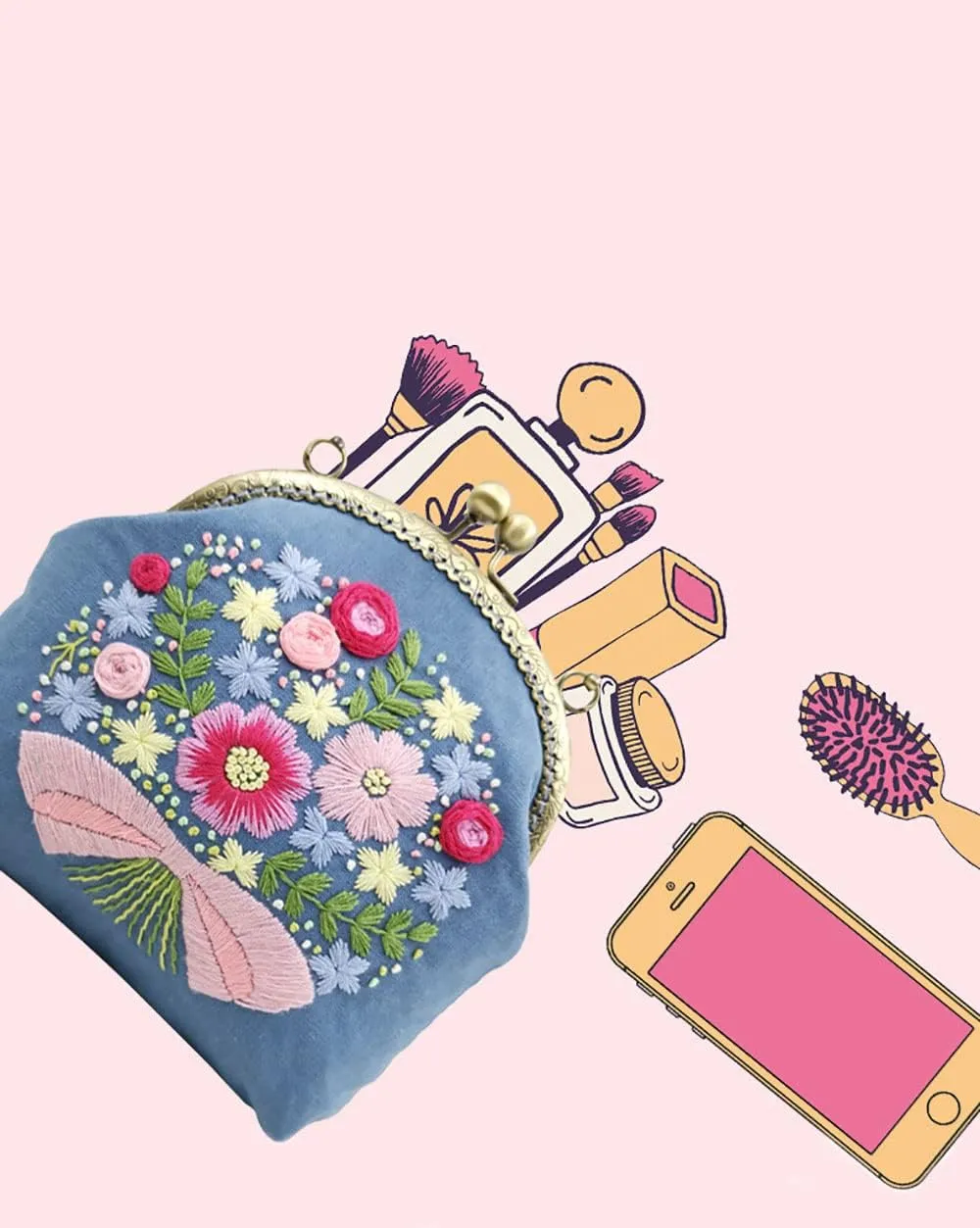 Gogobear Embroidery Beginner Kits for Adults, DIY Wallet/Purse/Handbag with Pattern & Instructions, Included Embroidery Cloth Bag/Chain/Craft Stamped/Hoops Threads