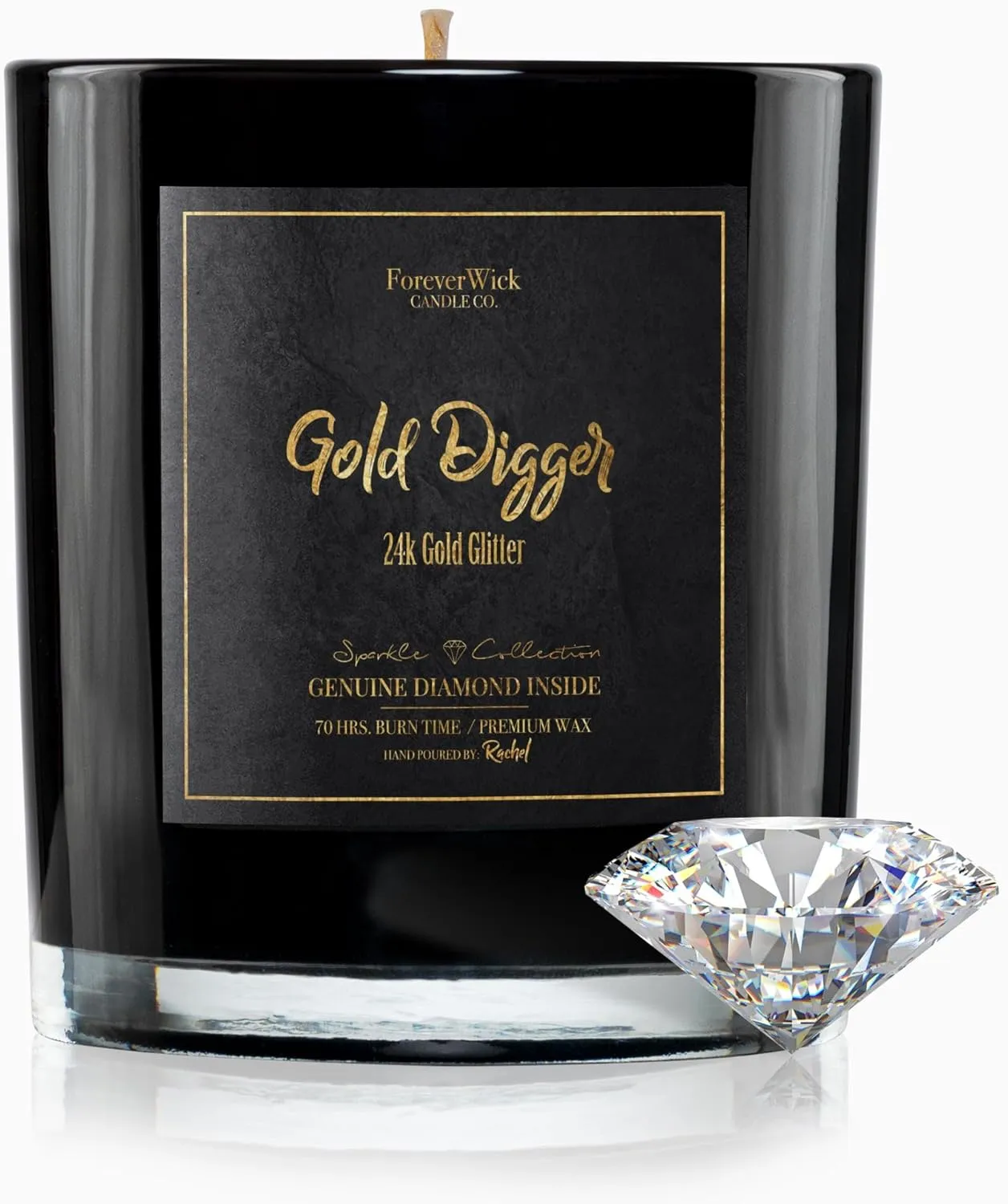 Gold Digger Sparkle Candle with Diamond Inside | Foreverwick Candles | Scented Soy Candles Gifts for Women Sexy Candle Gift | Anniversary Candles All-Natural Organic Soy Candle 14oz | 70h