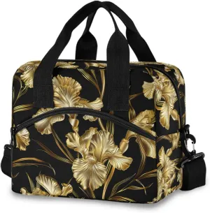 Gold Iris Flower Insulated Lunch Box for Women Men Reusable Lunch Bag for Office Picnic Cooler Bags with Adjustable Shoulder Strap