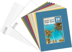 Golden State Art, Pack of 10 Mixed Colors Pre-Cut 8x10 Picture Mat for 5x7 Photo with White Core Bevel Cut Mattes Sets. Includes 10 High Premier Acid Free Mats & 10 Backing Board & 10 Clear Bags