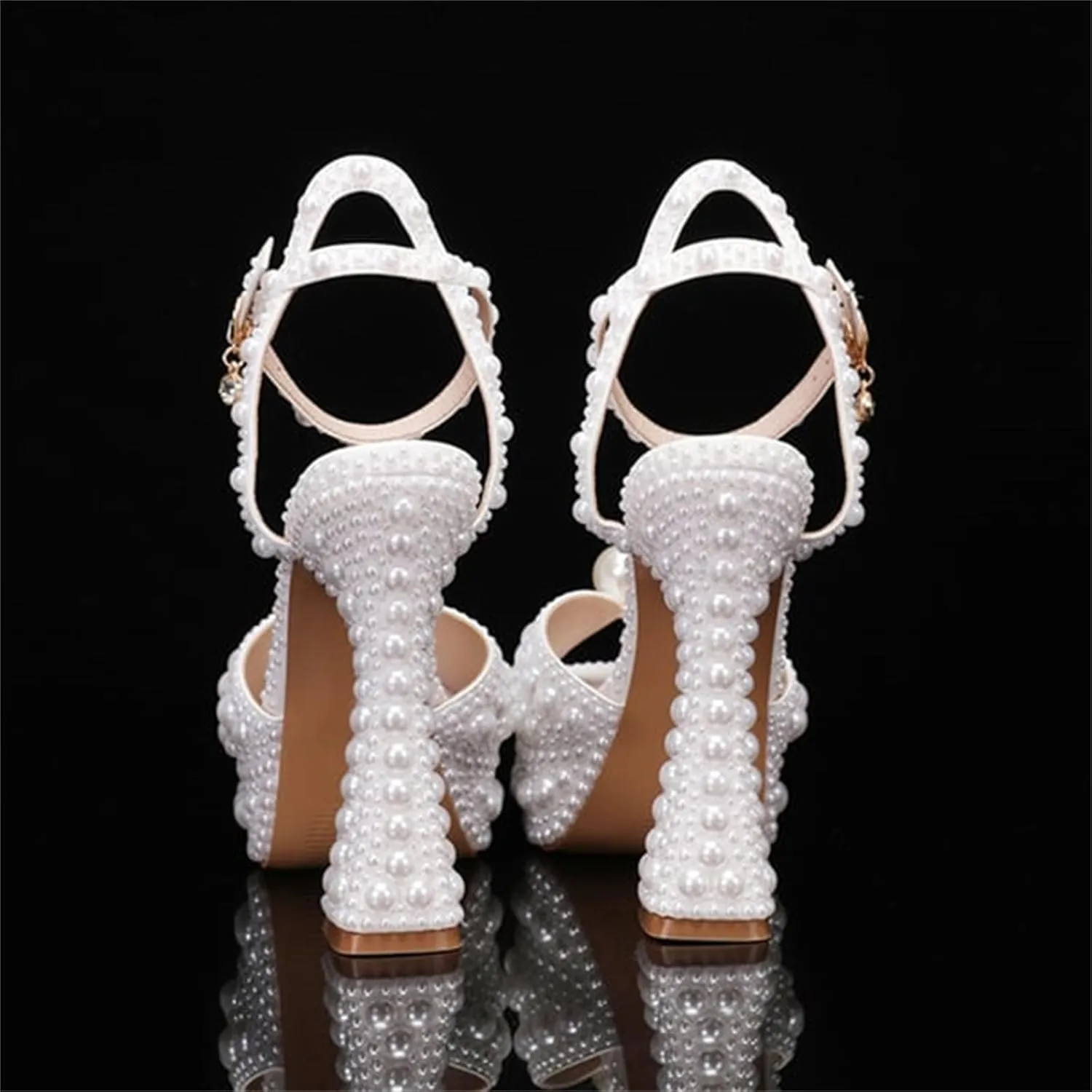 Goolita Pearl Platform Heels For Women Chunky Buckle Ankle Strap Heeled Sandals Open Toe Evening Bridal Shoes For Wedding