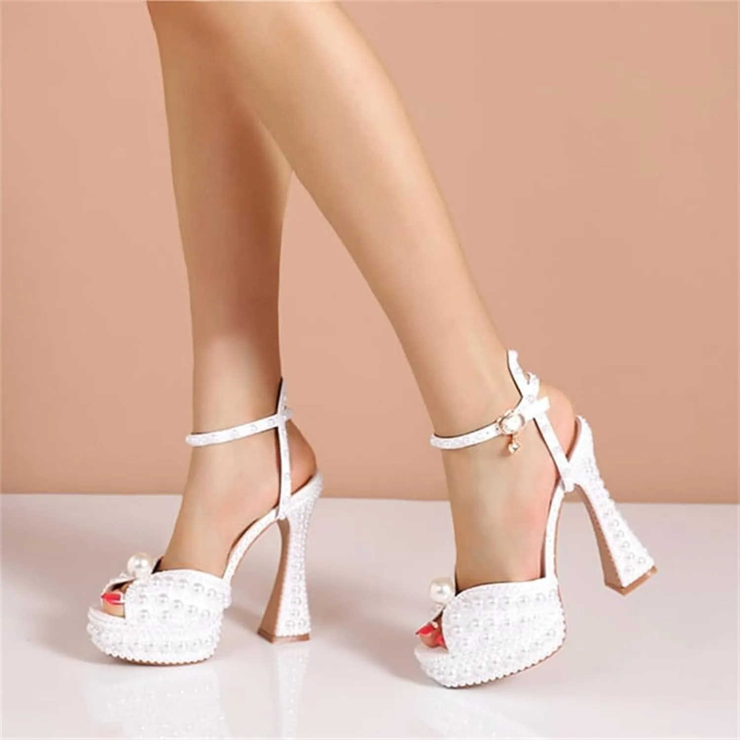 Goolita Pearl Platform Heels For Women Chunky Buckle Ankle Strap Heeled Sandals Open Toe Evening Bridal Shoes For Wedding