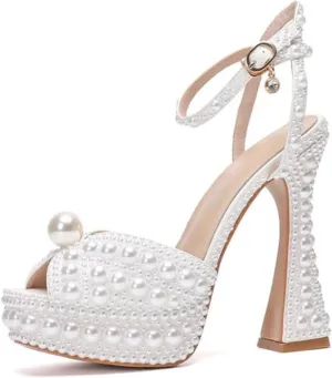 Goolita Pearl Platform Heels For Women Chunky Buckle Ankle Strap Heeled Sandals Open Toe Evening Bridal Shoes For Wedding