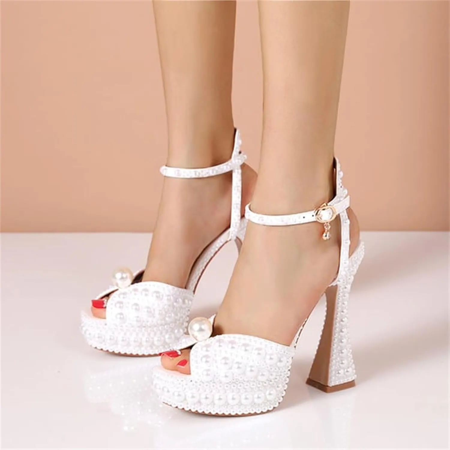 Goolita Pearl Platform Heels For Women Chunky Buckle Ankle Strap Heeled Sandals Open Toe Evening Bridal Shoes For Wedding