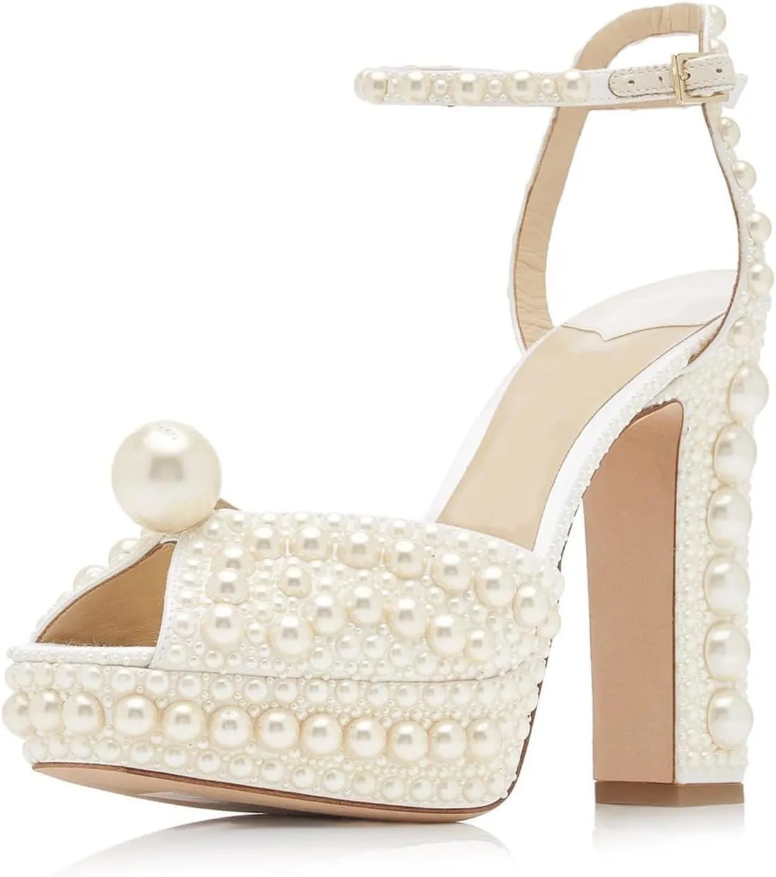 Goolita Womens Open Toe Pearl Platform Heels For Women Chunky Buckle Ankle Strap Wedding Heeled Sandals Dress Evening Bride Bridal Shoes