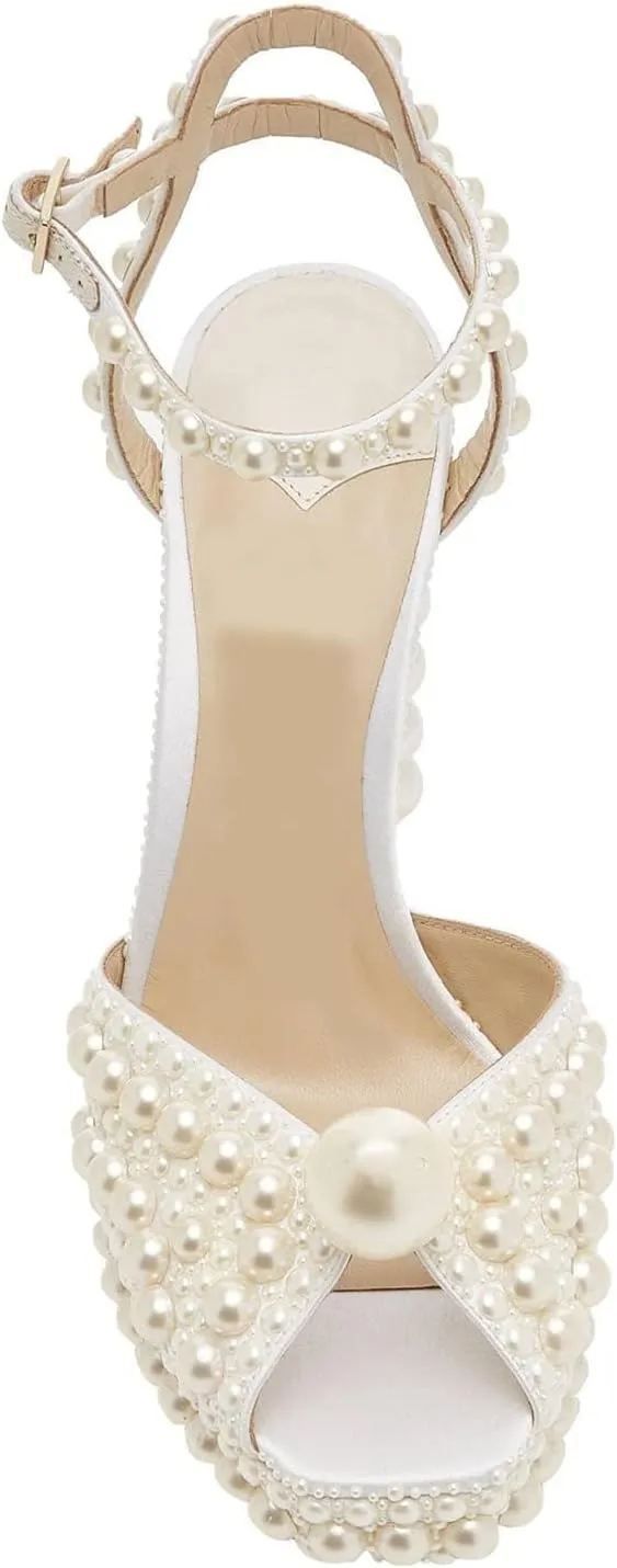 Goolita Womens Open Toe Pearl Platform Heels For Women Chunky Buckle Ankle Strap Wedding Heeled Sandals Dress Evening Bride Bridal Shoes