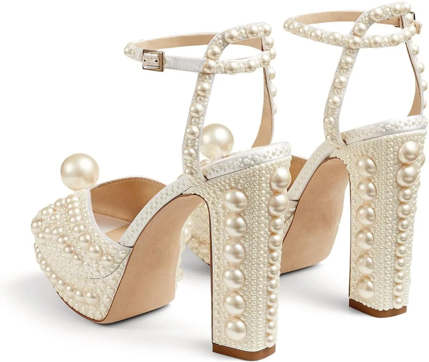 Goolita Womens Open Toe Pearl Platform Heels For Women Chunky Buckle Ankle Strap Wedding Heeled Sandals Dress Evening Bride Bridal Shoes