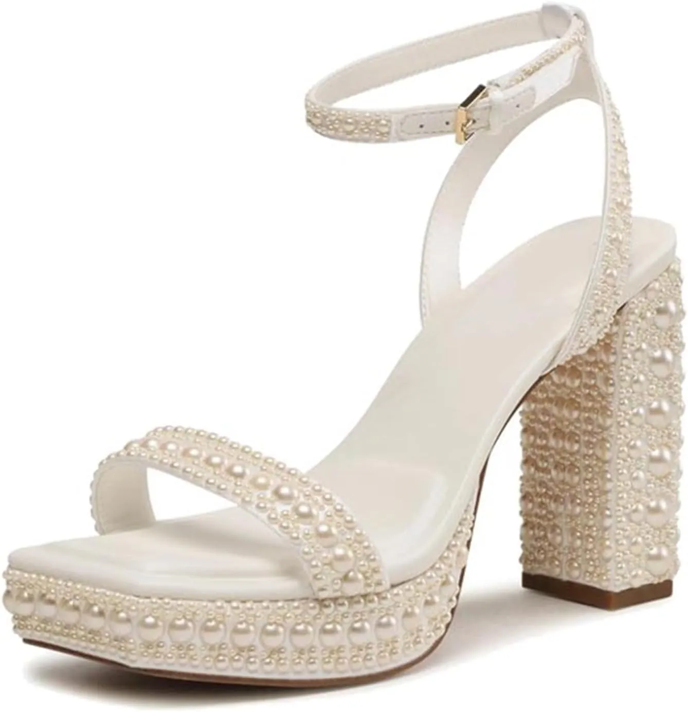Goolita Womens Open Toe Pearl Platform Heels For Women Chunky Buckle Ankle Strap Wedding Heeled Sandals Dress Evening Bride Bridal Shoes