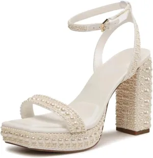 Goolita Womens Open Toe Pearl Platform Heels For Women Chunky Buckle Ankle Strap Wedding Heeled Sandals Dress Evening Bride Bridal Shoes