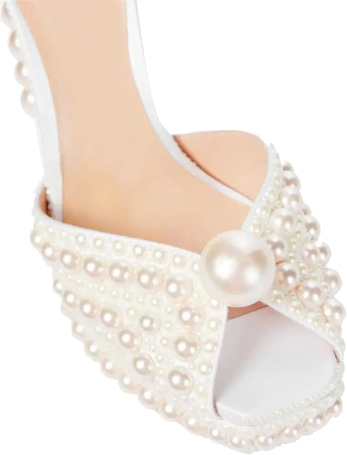 Goolita Womens Open Toe Pearl Platform Heels For Women Chunky Buckle Ankle Strap Wedding Heeled Sandals Dress Evening Bride Bridal Shoes