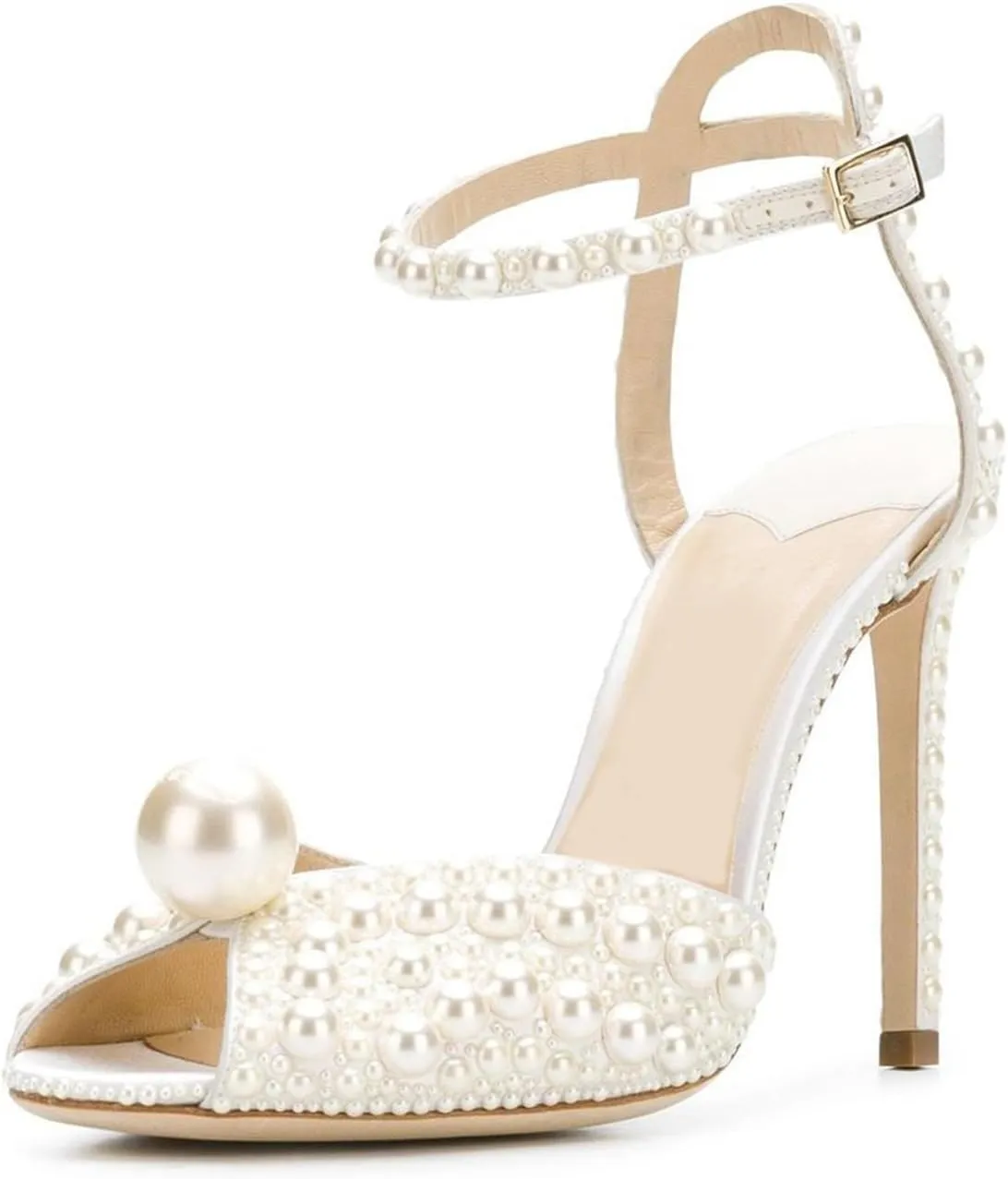 Goolita Womens Peep Toe Stiletto Heeled Sandals Shiny Pearl Buckle Ankle Strap Wedding Pumps Dress Evening Bride Bridal Shoes