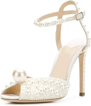Goolita Womens Peep Toe Stiletto Heeled Sandals Shiny Pearl Buckle Ankle Strap Wedding Pumps Dress Evening Bride Bridal Shoes