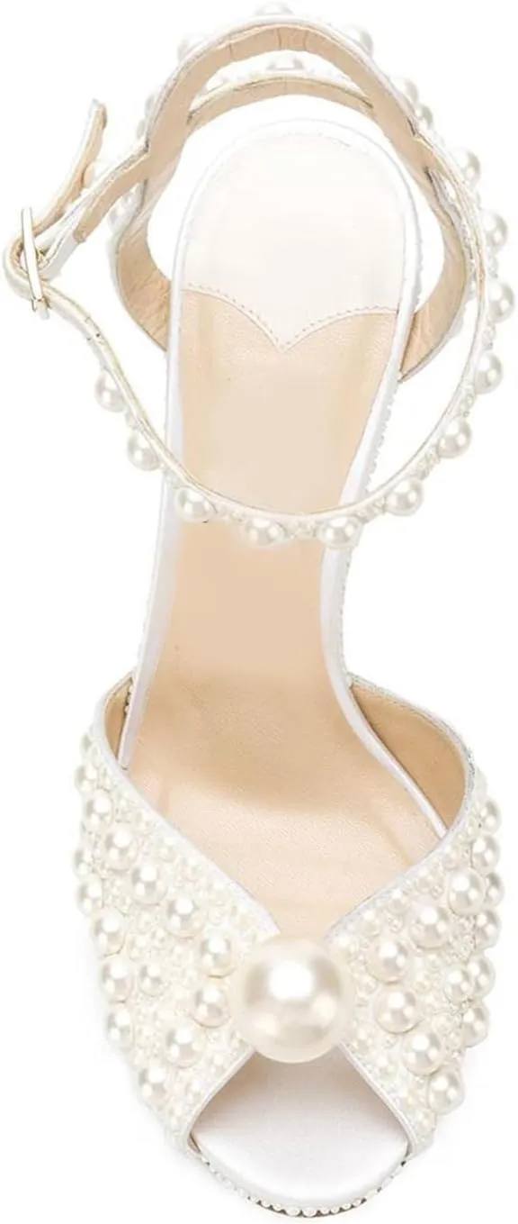 Goolita Womens Peep Toe Stiletto Heeled Sandals Shiny Pearl Buckle Ankle Strap Wedding Pumps Dress Evening Bride Bridal Shoes