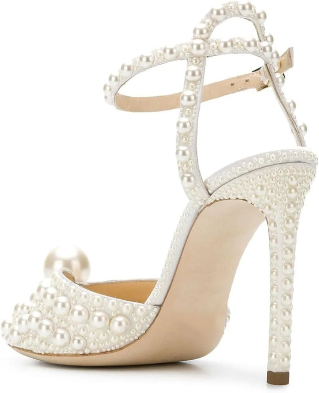 Goolita Womens Peep Toe Stiletto Heeled Sandals Shiny Pearl Buckle Ankle Strap Wedding Pumps Dress Evening Bride Bridal Shoes