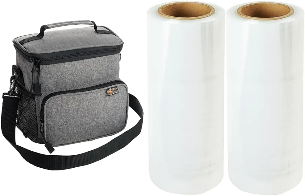 Gorilla Grip Insulated Lunch Bag and Plastic Stretch Film Roll Set of 2, Lunch Bag Size 15L in Light Gray, Lightweight, Shrink Wrap Roll has Industrial Strength in Clear, 2 Item Bundle