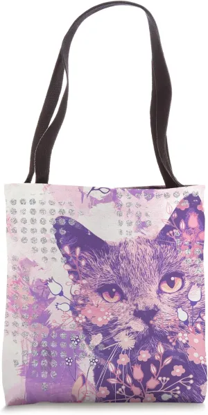 Gray Cat Behind Floral Purple Background Tote Bag