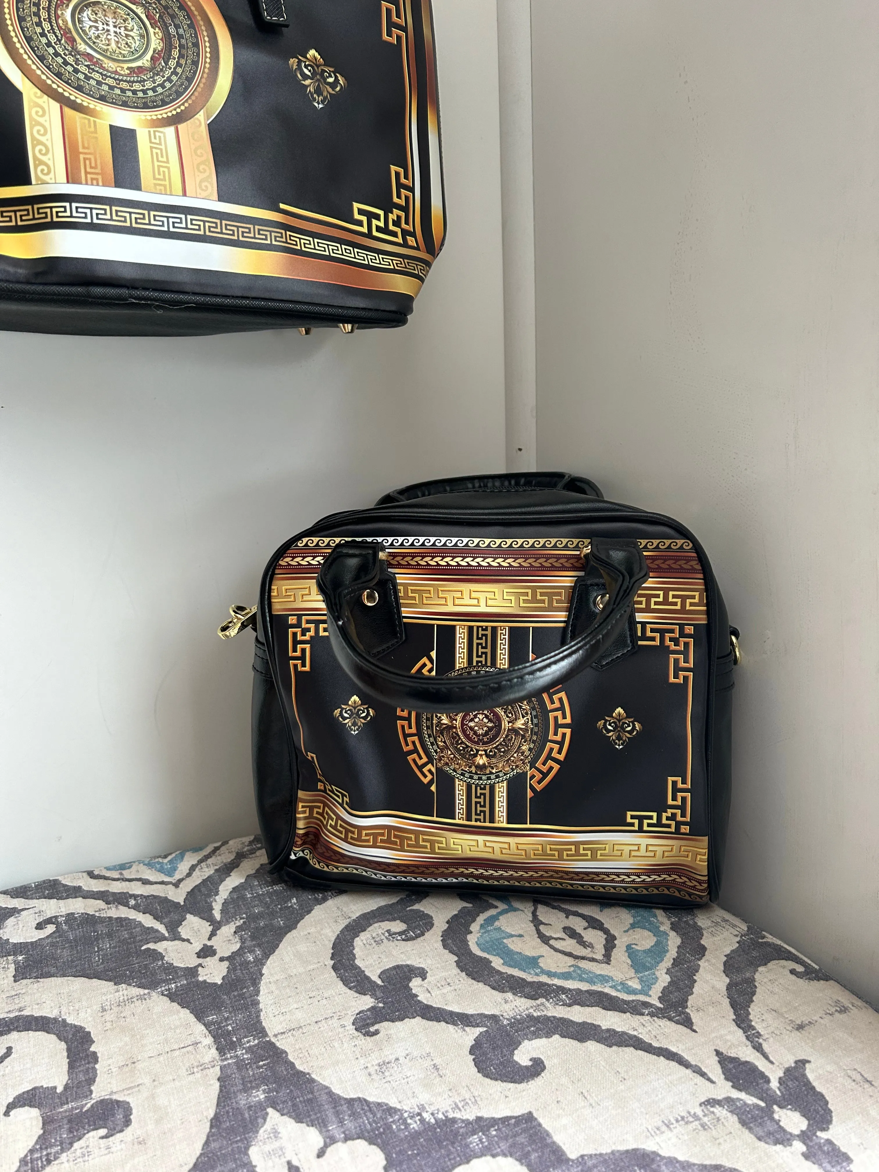 Greek Key Black White Floral Shoulder Handbag