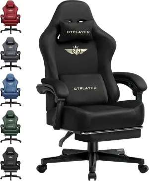 GTPLAYER Gaming Chair Fabric with Pocket Spring Cushion, Big and Tall Gamings Chairs 350LBS High Back Computer Chair with Footrest for Adults Lumbar Support Swivel Game Chair for Office Gaming Black