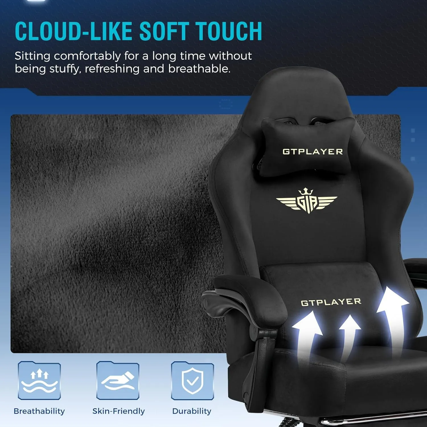 GTPLAYER Gaming Chair Fabric with Pocket Spring Cushion, Big and Tall Gamings Chairs 350LBS High Back Computer Chair with Footrest for Adults Lumbar Support Swivel Game Chair for Office Gaming Black