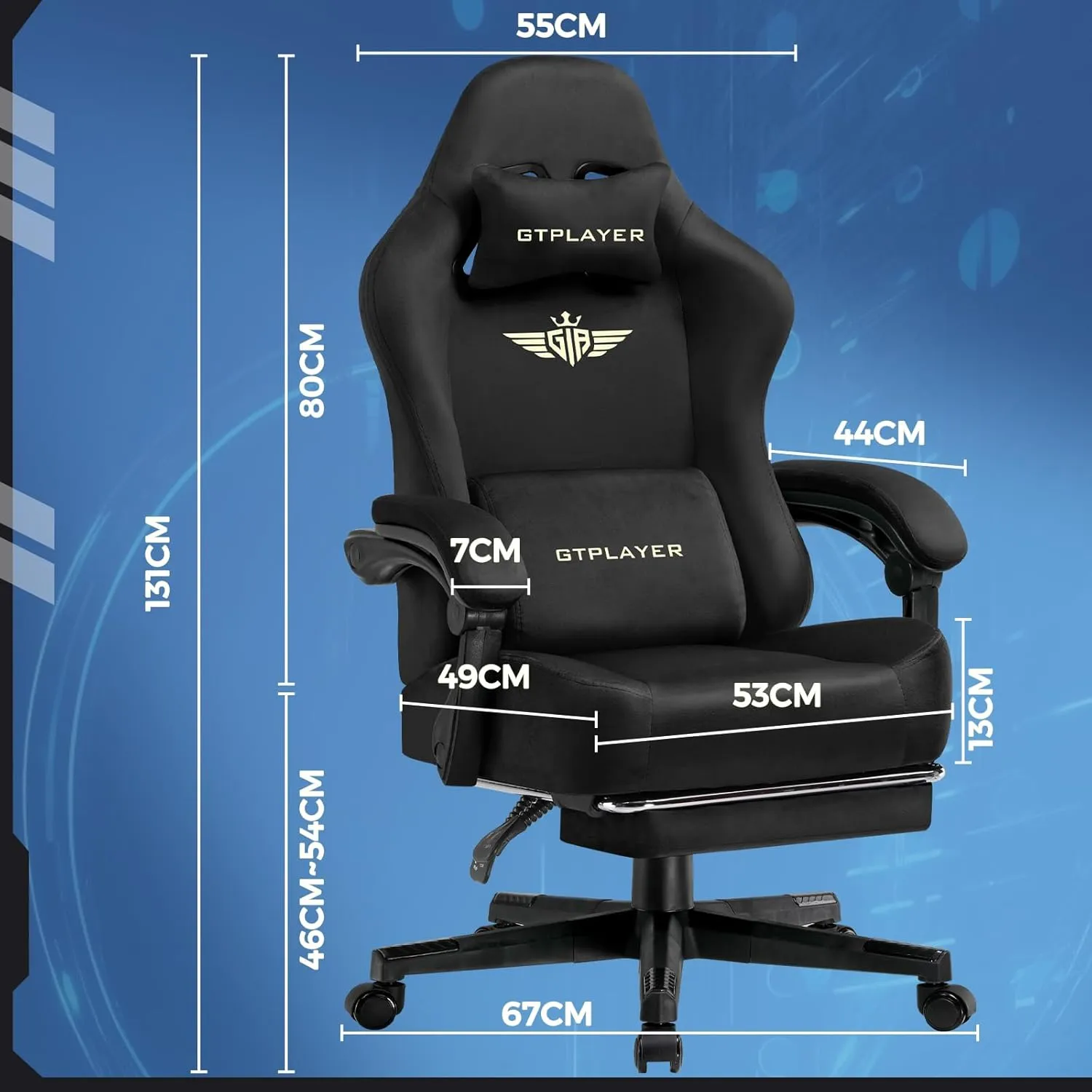 GTPLAYER Gaming Chair Fabric with Pocket Spring Cushion, Big and Tall Gamings Chairs 350LBS High Back Computer Chair with Footrest for Adults Lumbar Support Swivel Game Chair for Office Gaming Black
